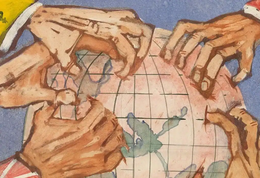 Artistic rendition of different imperial powers grabbing up parts of the globe.