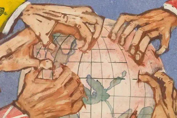 Artistic rendition of different imperial powers grabbing up parts of the globe.