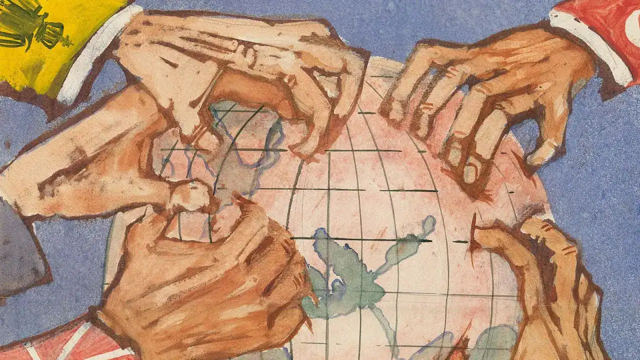 Artistic rendition of different imperial powers grabbing up parts of the globe.